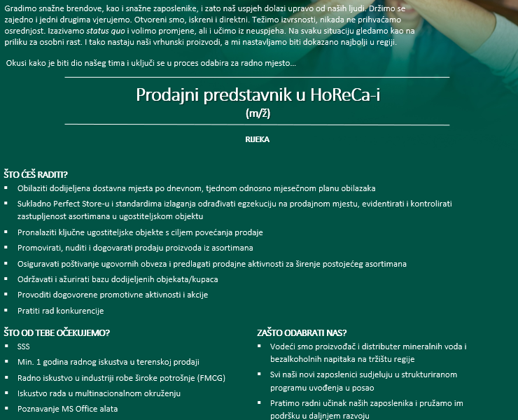 Prodajni predstavnik u HoReCa kanalu - (m/ž)